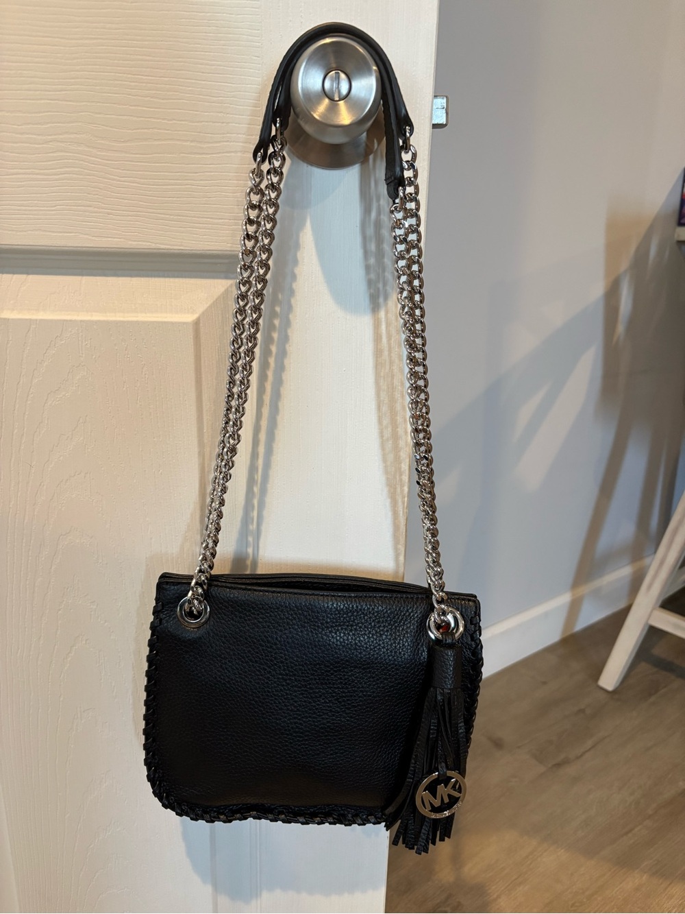 Michael Kors Black Leather Shoulder/Crossbody Bag with Silver Chain